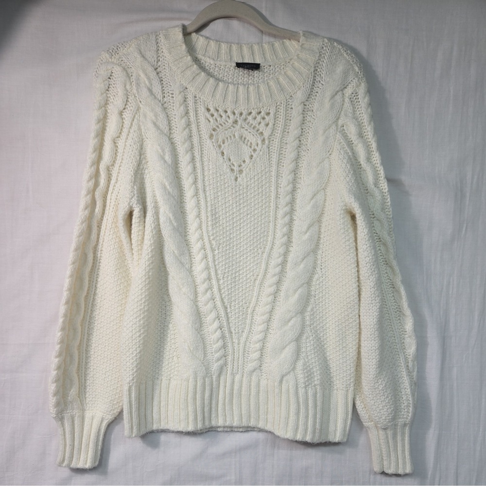 Talbots Knit Sweater Women's M Ivory Wool Blend Balloon Sleeves Cut Out Front